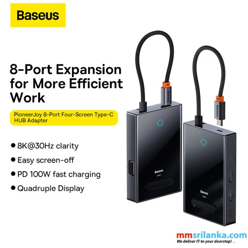 Baseus PioneerJoy 8-Port Four-Screen Type-C HUB Adapter Gray（Type-C to HDMI4K@60Hz*1+HDMI4K@30Hz*1+DP8K@30Hz*1+VGA+USB3.0*2+Type-C（Data+PDout）*1+PD*1）